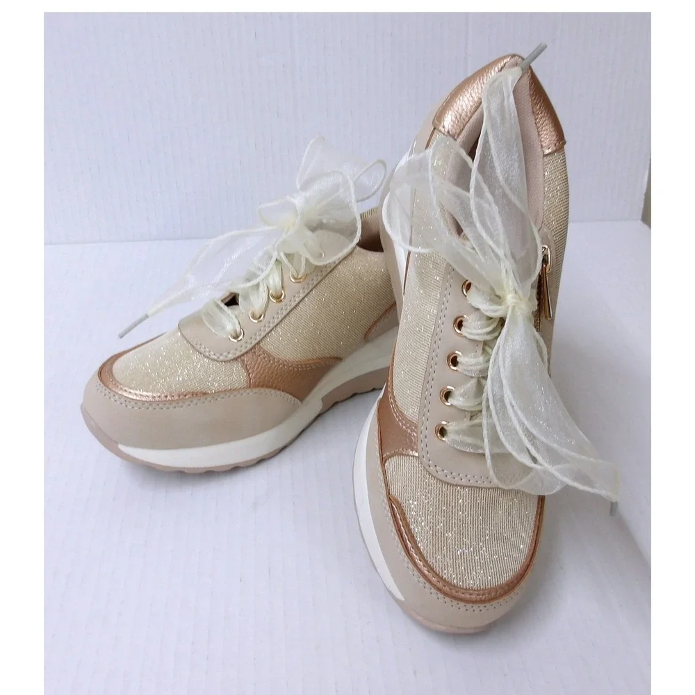 Beige Rose Gold Glitter Wedge Sneakers Ribbon‎ Laces Platform Shoes /#26709